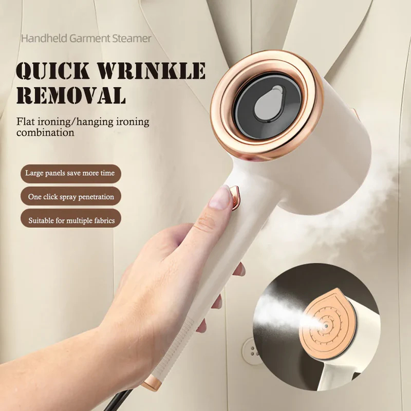 Steamly handheld garment steamer — the exact device we ship, white with rose-gold trim